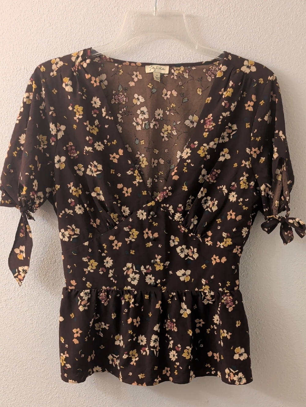 Lily White Brown Floral Tie-Sleeve Peplum Top